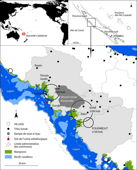 Figure 1. Caractéristiques du site d’étude dans les communes de Voh, Koné et Pouembout sur la côte nord-ouest de la Nouvelle-Calédonie (province Nord). La population totale par commune (village et tribus kanak) en 2009 et les noms des villages et des tribus kanak inclus dans l’étude sont indiquées. Characteristics of the study area in the Voh, Koné, and Pouembout districts in the northwest coast of New Caledonia (Northern Province). The total population per district (including villages and Kanak tribes) and the names of the villages and the Kanak tribes that were included in the study are shown.