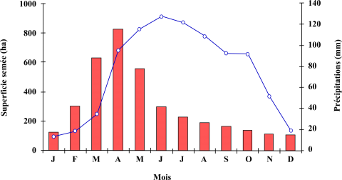 Figure 10. Superficie mensuelle semée (histogramme) et variation des précipitations (courbe) dans la Vallée du Haut Chama.