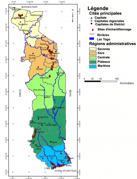 Figure 1. Localisation des sites prospectés (losanges rouges). / Location of surveyed sites (red lozenges).