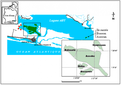 Figure 1. Localisation du Parc National des Iles Ehotilé. Les 6 îles du parc sont représentées en vert foncé. L’encadré présente les 5 îles accessibles (non sacrées). Les points rouges représentent les 4 villages de l’enquête ethnobotanique (du sud au nord : Etuessika, Mélékoukro, N’galwa et Assomlan).