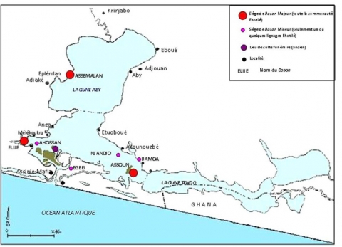 Figure 6. Localisation de quelques sites sacrés Ehotilé autour du parc national des Iles Ehotilé (en vert.)