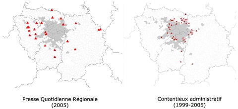 Figure 3. Conflits liés aux infrastructures d’utilité publique recensés dans la Presse Quotidienne Régionale (2005) et le contentieux administratif (1999-2005) en Ile de France