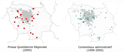 Figure 4. Conflits liés à l’urbanisme et à l’aménagement d’espaces ouverts recensés dans la Presse Quotidienne Régionale (2005) et le contentieux administratif (1999-2005) en Ile de France