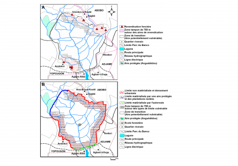 Figure 3. Modélisation spatiale des conflits fonciers sur les marges du Parc National du Banco (A) et des types de limite de la forêt (B).