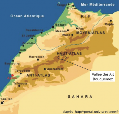 Figure 1. Carte de localisation du Haut-Atlas et des Aït Bou Guemez / Situation map from the high-atlas