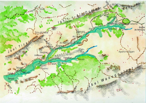 Figure 2. Carte schématique des Aït Bou Guemez () / Sketch-map of the Aït Bou Guemez valley (Liliane Dumont)