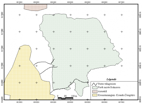 Figure 2.Carte de la forêt sacrée Bokassô, réalisée à partir des données enregistrées au GPS