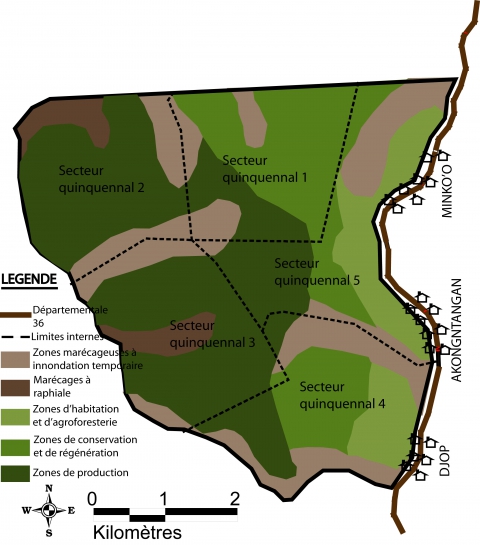 Figure 3. Occupations des sols et organisation en secteurs quinquennaux d’exploitation de la forêt communautaire MAD