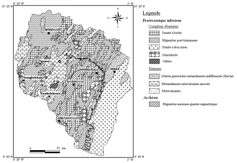 Figure 3. Carte géologique du bassin versant du Haut-Bandama à Tortiya au 1/200 000 / Geological map of Haut Bandama watershed at Tortiya to scale 1/200000 (modified, from Géomines, 1982).