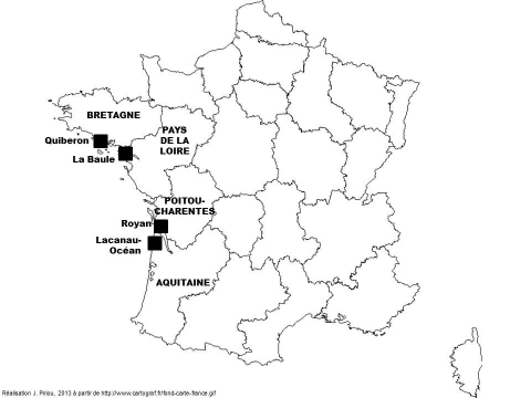 Figure 2. Stations littorales choisies pour l’étude exploratoire au sein des régions Bretagne, Pays de la Loire, Poitou-Charentes et Aquitaine.