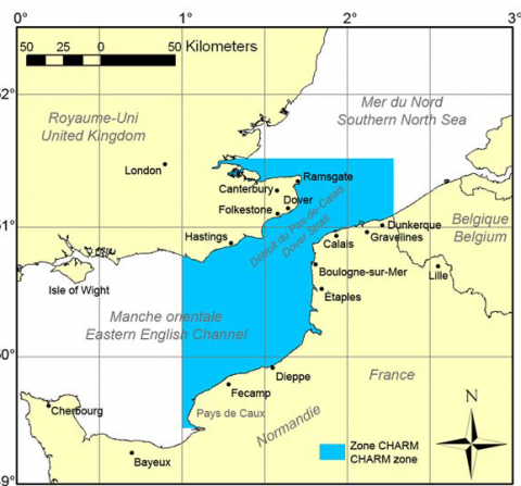 Figure 1. La zone d’étude du Projet CHARM (phase 1) et sa localisation géographique dans l’Europe de l’Ouest. Latitude : de 49.5° N à 51.1° N ; longitude : de 0° à 2.5°