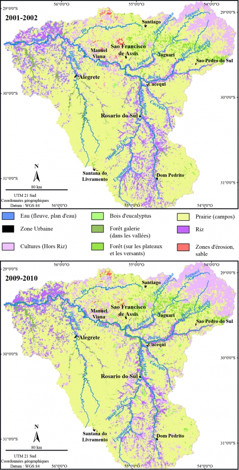 Figure 6. L’occupation du sol dans le bassin versant de l’Ibicuí, en 2001-2002 (haut) et 2009-2010 (bas).
