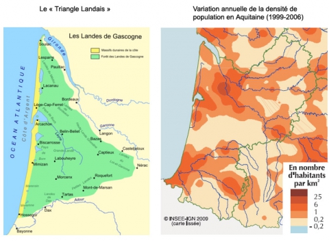 Figure 1. Deux représentations cartographiques, statiques et dynamiques, des Landes de Gascogne