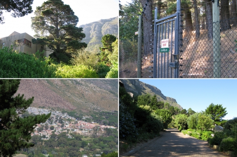 Figure 6. Ruyteplaats Mountain Estate, exemple d’hybridation entre métropolité et naturalité, un quartier résidentiel aisé (en haut à gauche et en bas à droite) dans un écrin de verdure en position défensive (en haut à droite) face à l’urbanisation informelle du quartier de Masiphumelele (en bas à gauche).