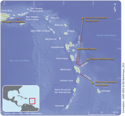Figure 1. Sources sismiques tsunamigènes retenues par le BRGM et pouvant impacter la Martinique.
