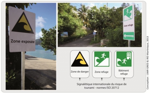 Figure 9: Signalétique « tsunami » (normes internationales) implantée sur la commune de Sainte-Anne, Martinique.