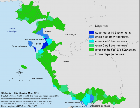 Figure 5. Nombre de submersions marines en région Pays de la Loire de l'an 567 à 2012.