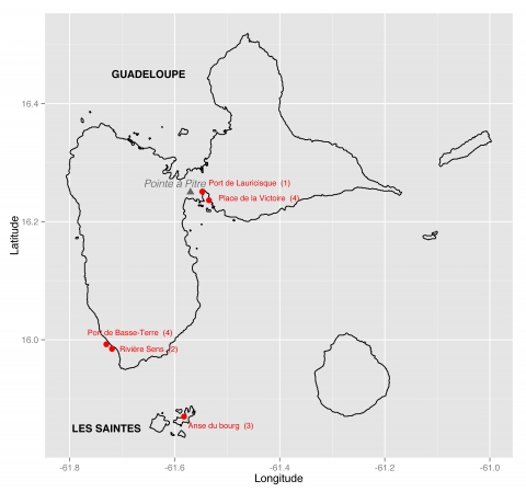 Figure 2. Carte de la Guadeloupe localisant les sites des enquêtes et indiquant le nombre de personnes interrogées.