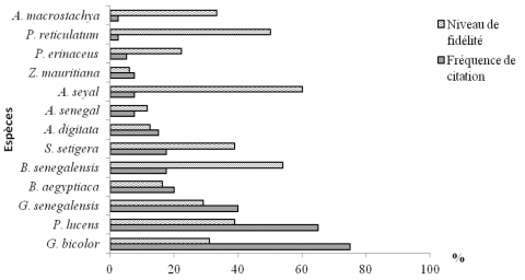 Figure 3. Fréquence de citation et niveau de fidélité des espèces utilisées dans l’alimentation du bétail.