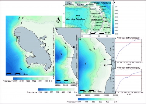 Figure 1. Localisation du site d'étude, modèles numériques de bathymétrie (MNB) et profils de plages /Study site location, bathymetric digital model and profiles.