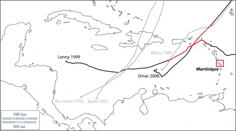 Figure 3. Carte de trajectoire des cyclones caractérisés par une circulation Ouest/Est au sein de la base de données HURDAT / Trajectory map of hurricane characterized by a West/East circulation, in the HURDAT data base.