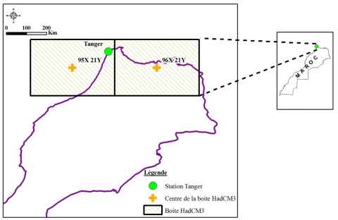 Figure 1. Situation de la station météorologique de Tanger par rapport aux mailles des grilles des MCG (a) Modèle HadCM3 (b) Modèle MCCG3.