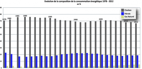 Figure 3. Evolution de la composition de la consommation énergétique de la Chine, 1978-2012 (en %).