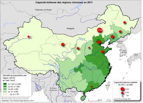 Figure 8. Comparaison de la capacité éolienne en Chine en 2011, par région, par rapport à la densité de population.