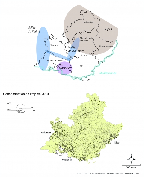 Figure 3. Carte de situation et consommation d’énergie par commune en ktep en 2010 en région PACA / Region map and energy consumption per town in ktoe in 2010 in PACA area.