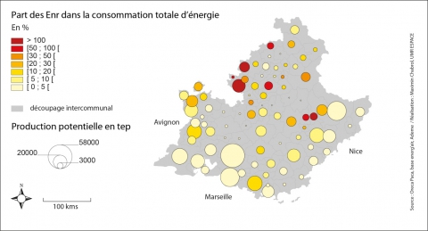 Figure 4. Part potentielle des EnR dans la consommation et production potentielle à l’échelle intercommunale en région PACA /Potential share of renewable energy in consumption and potential production at the intermunicipal level in PACA area.