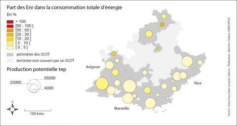 Figure 5. Part potentielle des EnR dans la consommation et production potentielle à l’échelle des Schémas de cohérence territoriale en région PACA / Potential share of renewable energy in consumption and potential production at the SCOT level in PACA area.