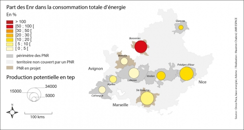 Figure 6. Part potentielle des EnR dans la consommation et production potentielle à l’échelle des Parcs naturels régionaux en région PACA / Potential share of renewable energy in consumption and potential production at the PNR level in PACA area.