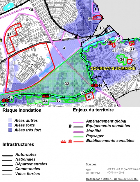 Figure 4. Carte des enjeux : extrait du PPR inondation par débordement de la Marne, 2002.