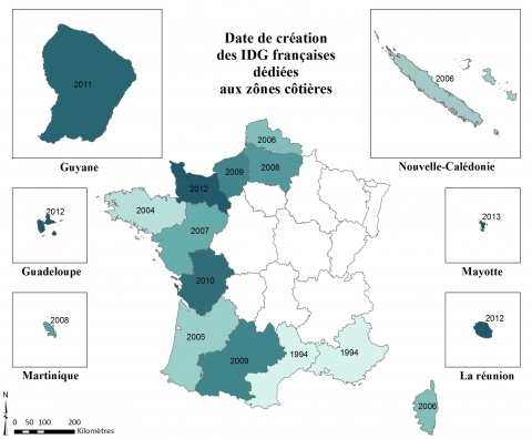 Figure 3. Date de création des IDG françaises traitant des zones côtières /Creation Date of French SDI dealing with coastal zones