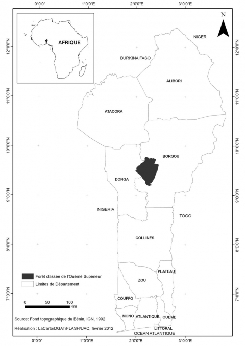 Figure 1. Localisation de la forêt classée de l’Ouémé Supérieur au Bénin.