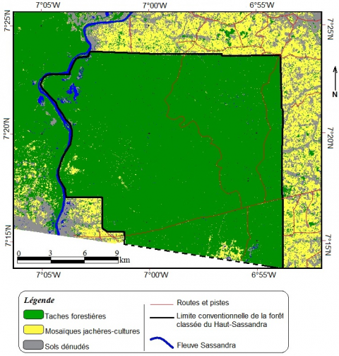Figure 5. Carte de l’occupation du sol de la forêt classée du Haut-Sassandra en 2001 réalisée à partir de l’image satellitaire Spot 4 acquise le 14/12/2001 / Map of the land use of the classified forest of Haut-Sassandra in 2001 using the Spot 4 satellite image acquired on 12/14/2001.