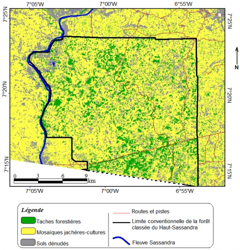 Figure 6. Carte d’occupation du sol de la forêt classée du Haut-Sassandra en 2013 réalisée à partir de l’image satellitaire Spot 5 acquise le 28/12/2013 / Land use map of the forest classified of Haut-Sassandra in 2013 using Spot 5 satellite image acquired on 12/28/2013.