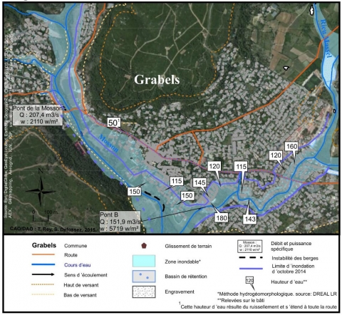 Figure 6. Comparaison zone inondable/zone inondée (6-7 octobre) et hauteurs d’eau significatives, Grabels.
