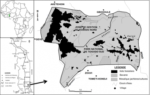 Figure 1. Localisation et occupation du sol de la réserve de faune de Togodo.