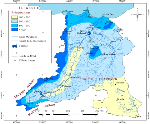Figure 2. Distribution des précipitations moyennes dans le bassin hydrographique de l’oued Moulouya