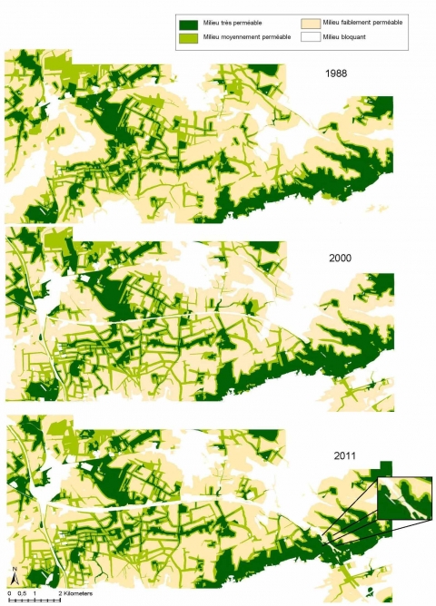 Figure 7. Perméabilité des milieux forestiers en 1988, 2000 et 2011 sur le site de Lyon.