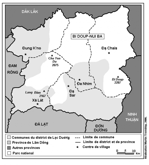 Figure 3. Le parc national Bi Ðoup-Núi Bà et les communes du district de Lạc Dương, 2006.