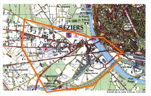 Figure 1. Béziers, quartier du Faubourg et Zone d’enquête par questionnaire.