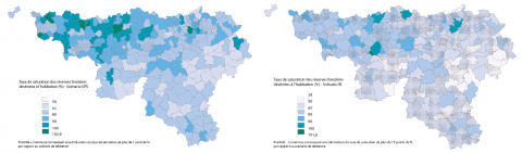 Figure 3. Taux de saturation des réserves foncières destinées à l’habitat dans CPS (gauche) et IR (droite), exprimés en % des terrains urbanisables qui sont urbanisés / Saturation rate of land supply dedicated to residential function into CPS (left) and IR (right), expressed in percentage of urban development zone which are urbanized.