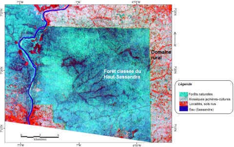 Figure 2. Composition colorée utilisant dans l’ordre les indices IB-NDVI-NDWI de l’image de décembre 2001 / Composite image using in order BI (brightness index)-NDVI (normalized difference vegetation index)-NDWI (normalized difference water index) index from the image acquired on December 2001.