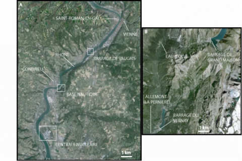 Figure 1. Localisation des zones d’étude : (a) zone à proximité de Vienne et Condrieu dans la vallée du Rhône, (b) zone à proximité d’Allemont (Isère) dont les eaux finissent par se jeter dans le Rhône / Location of studied area : (a) Area located between Vienne and Condrieu in the Rhone valley, France, (b) Allemont area, French Alps. The Eau d’Olle River is indirectly a tributary of the Rhone River.