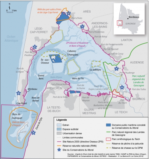 Figure 1. Le Bassin d’Arcachon et ses mesures de protection et de gestion /Location of the Arcachon Basin.