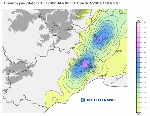 Figure 4. Cumul de précipitations lors de l’épisode du 6-7 octobre 2014.