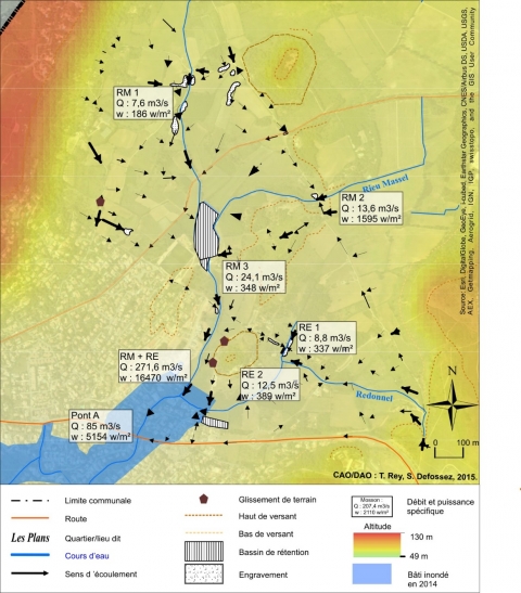 Figure 5. La crue du 6-7 octobre 2014 : Dynamiques hydro-géomorphologiques et caractérisation des débits de pointe et des puissances spécifiques.