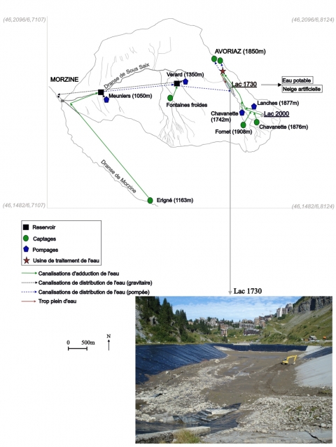 Figure 3. Le bassin versant de la Dranse de Sous Saix et son artificialisation / The Dranse de Sous Saix catchment area and its artificialization.